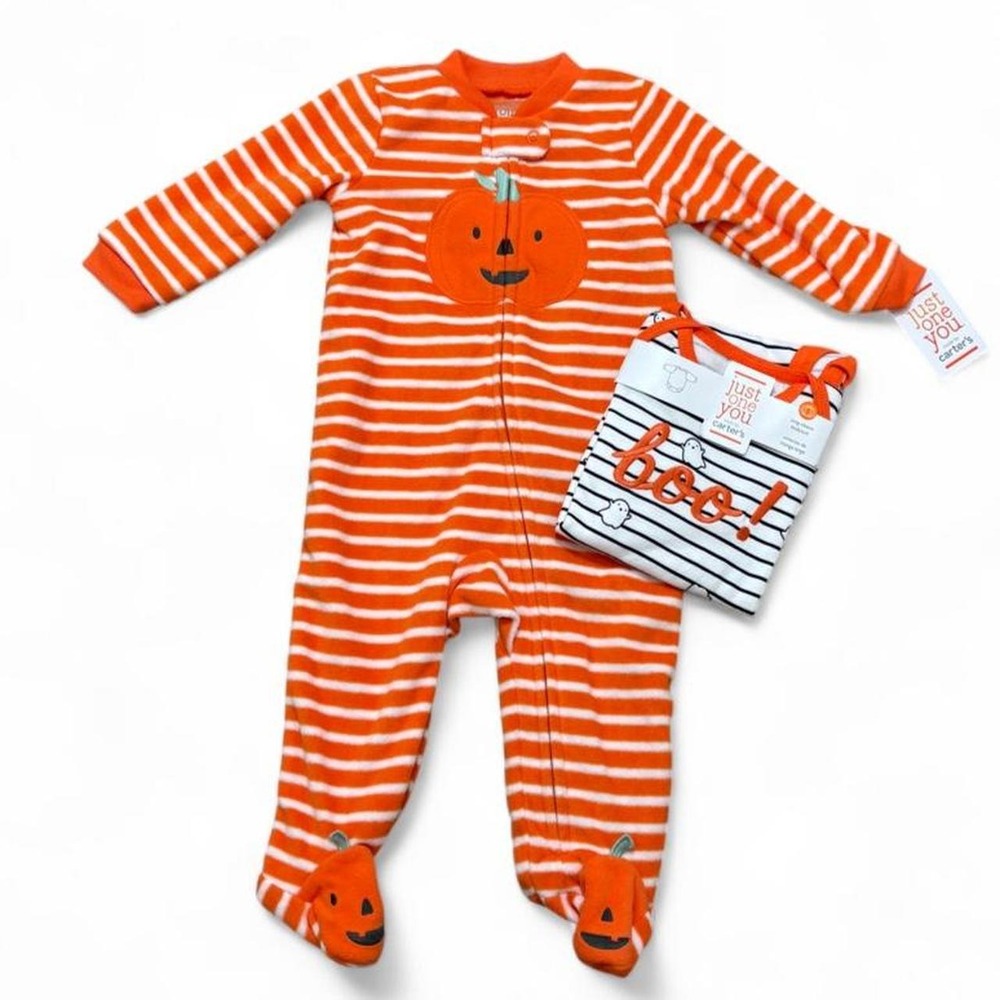 NWT Onesie Bundle Set Cozy Autumn Pumpkin Footie & "Boo!" Carter's Halloween 6M